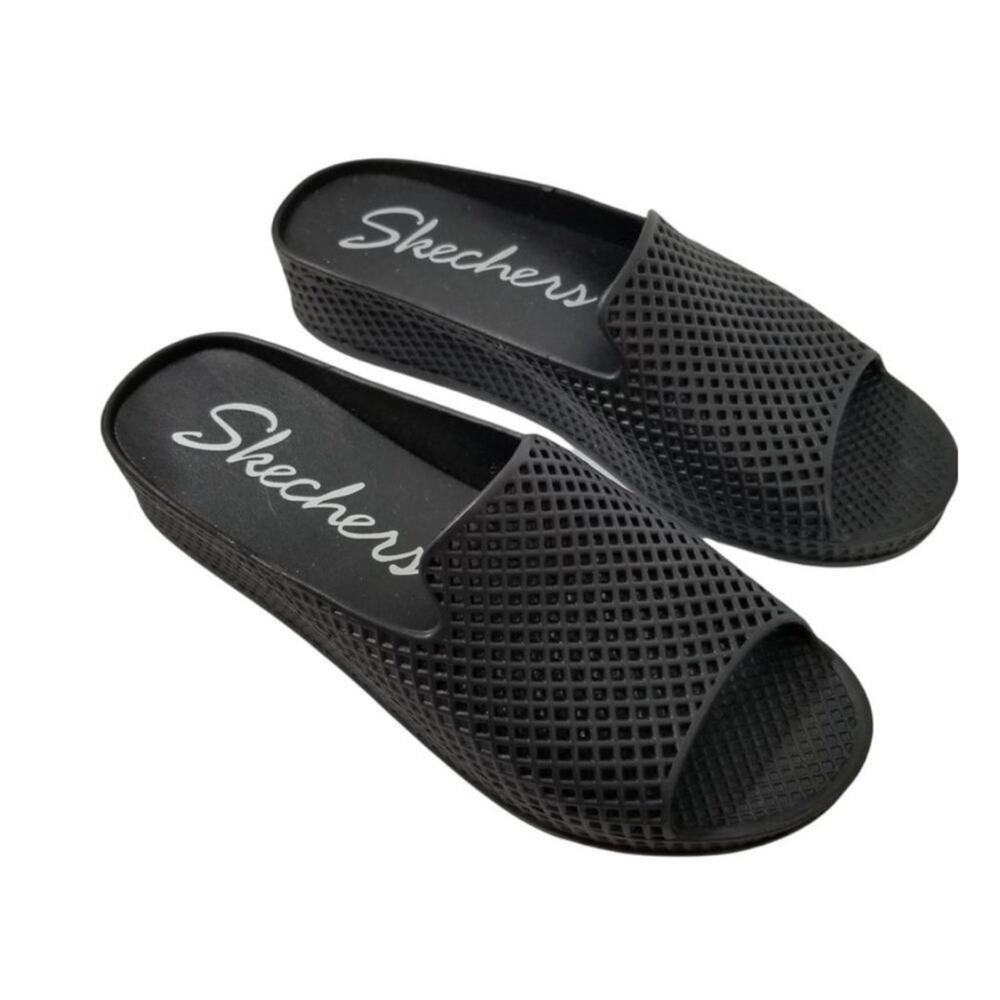 Skechers Cali Glitz‎ Black Open Toe Perforated Eyelet Slip On Wedge Sandal 9